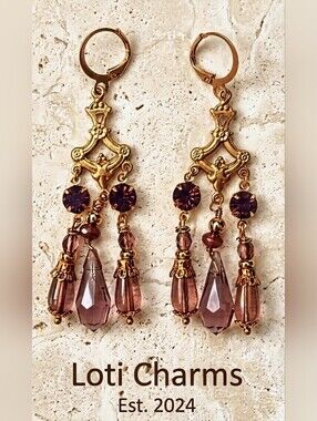 Victorian Amethyst Opal Crystal & Glass In Gold Plated Chandelier Earrings